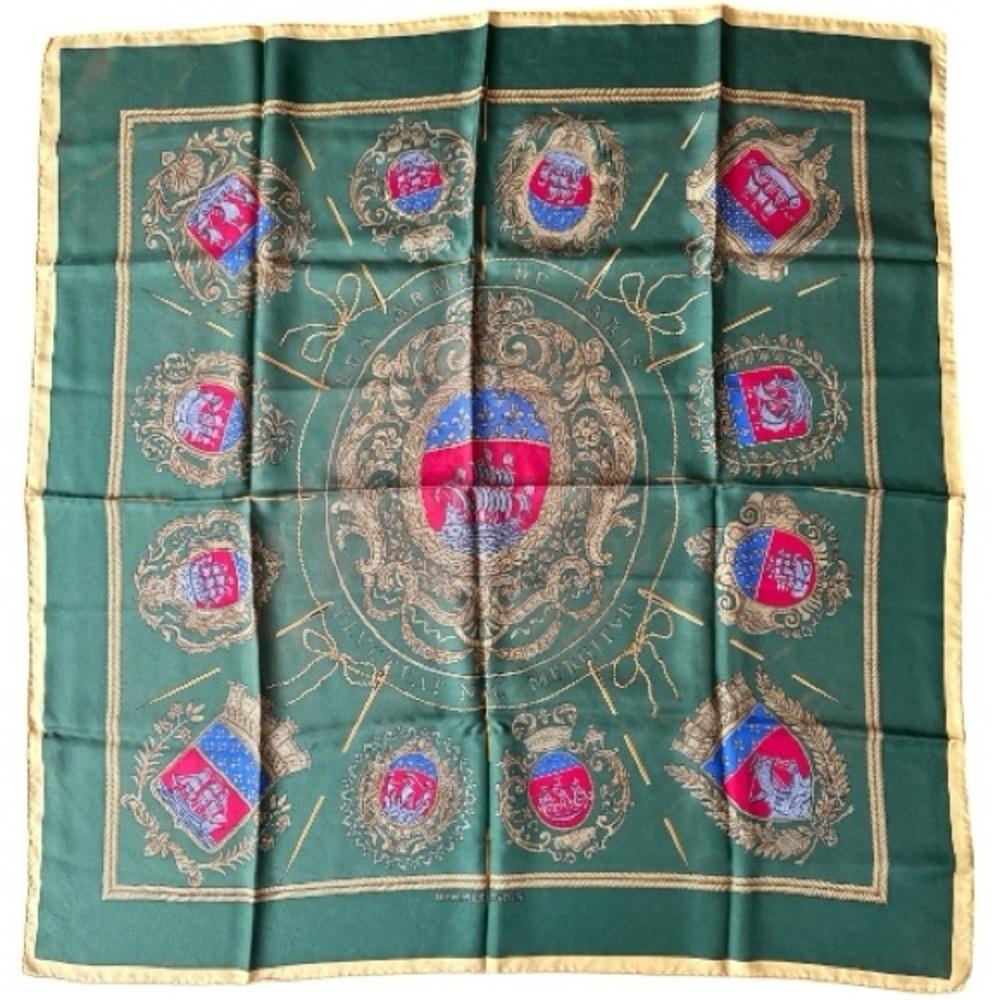Hermes Les Armes De Paris Green 100% Silk Scarf